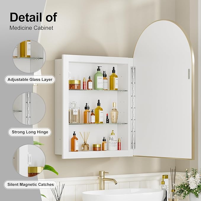 Recessed Medicine Cabinet for Bathroom,Brushed Gold Arched Medicine Cabinet with Mirror,Arch Mirrored Medicine Cabinets Recessed,Bathroom Mirror with Storage,Open from Left to Right 20x30