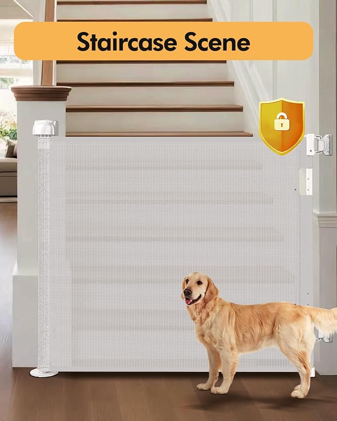(2 Pack) Retractable Baby Gate for Stairs & Doorways,55" Wide x 33.6" Tall Easy Installation Mesh Dog Gate for Indoor & Outdoor Use,Pet and Dog Safety Gate for Hallways(White)