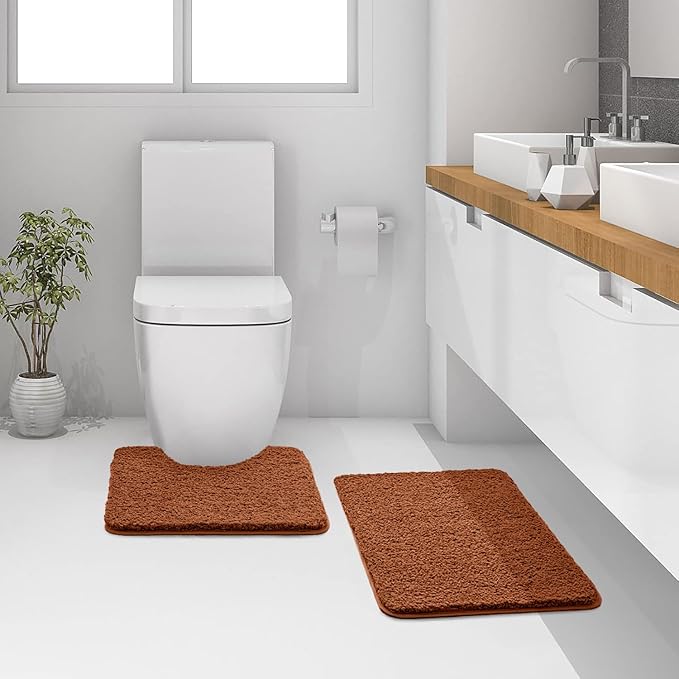 MIULEE Burnt Orange Microfiber Toilet Bath Mat U-Shaped Contour Shaggy Bathroom Rugs Non Slip Extra Thick Soft Bath Rug Absorbent Water for Bathroom Commode Machine Washable(20x24 Inch)