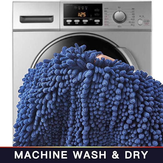 Walensee Bathroom Rug Non Slip Bath Mat (24x17 Inch Dark Blue) Water Absorbent Super Soft Shaggy Chenille Machine Washable Dry Extra Thick Perfect Absorbant Best Small Plush Carpet for Shower Floor