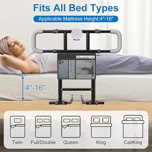 Seeutek Bed Rails for Elderly Adults Safety, Foldable Bed Assist Rails for Seniors, Adjustable Bed Side Rails with Safety Strap & Storage Pocket & LED Light, Fit Queen Twin King Beds