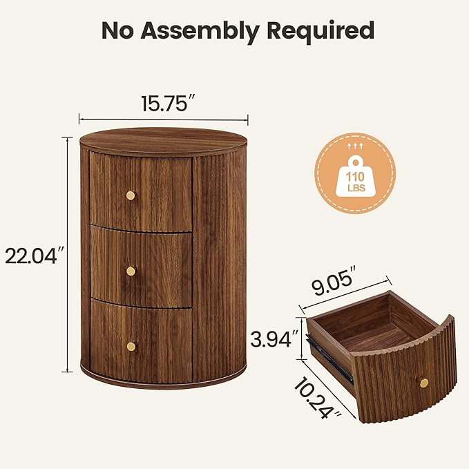 End Table with Charging Station for Couch,Mid-Century Modern Narrow Sofa Side Table with Drawer for Living Room,Small Bed Side Table for Bedroom (Walnut-Round, 1 PC)