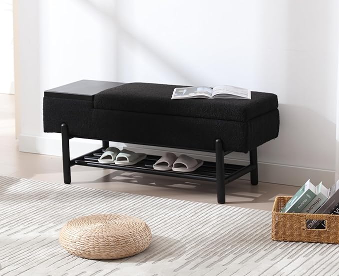 EALSON Modern Storage Bench for Bedroom End of Bed Sherpa Ottoman Bench with Storage Upholstered Entryway Bench with Wood Shoe Rack Farmhouse Long Seating Bench for Hallway/Foyer, Black
