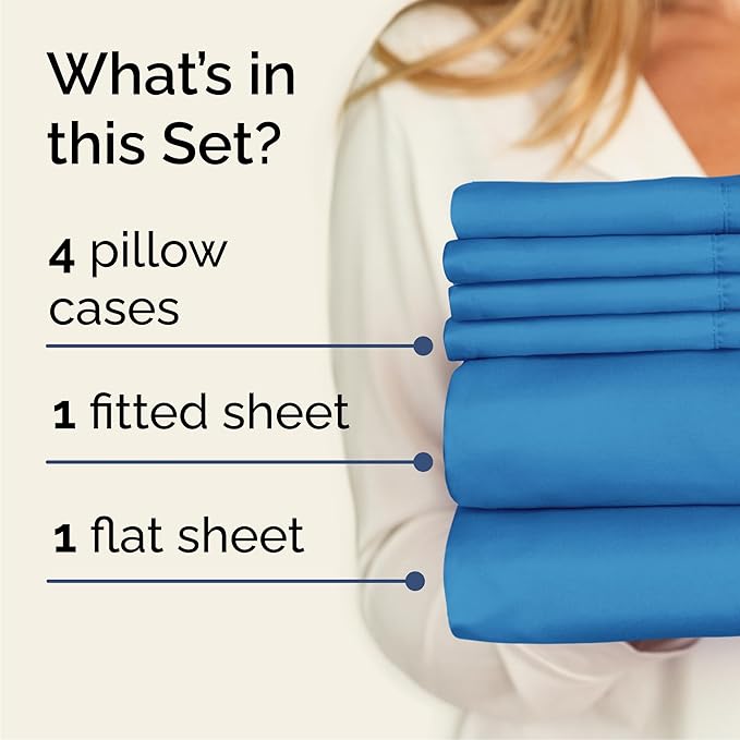Queen 6 Piece Sheet Set - Cooling & Breathable Bed Sheets - Hotel Luxury Bed Sheets for Women, Men, Kids & Teens - Bedding w/Deep Pockets & Easy Fit - Soft & Wrinkle Free - Queen Denim Blue Sheets