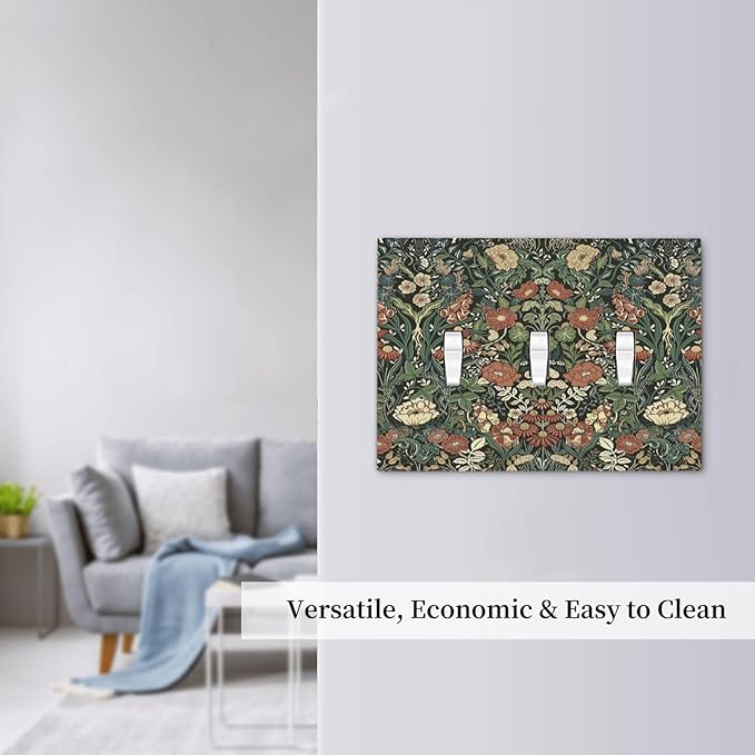 Decorative Switch Plates Vintage Dark Floral William Morris Green Flower 3 Gang Wall Plate Triple Toggle Light Switch Cover Faceplate Electrical Wall Panels for living Room Home Decor