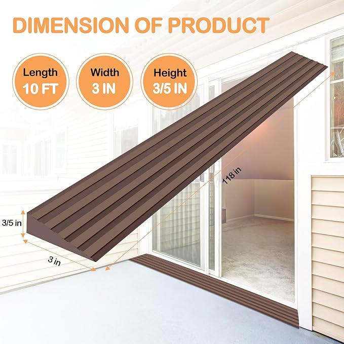 Threshold Ramps for Doorways Self-Adhesive Rubber Ramps for Door Threshold Rubber Door Threshold Ramp for Wheelchair Stroller Scooter Reducer Ramp (Brown, 3” Wide x 10' Long)