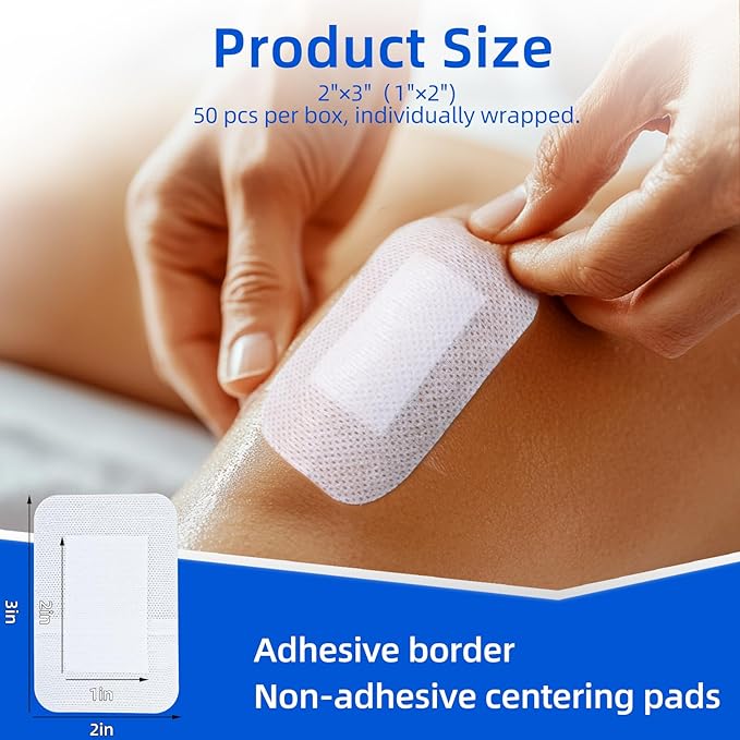 50Pcs Adhesive Gauze Island Dressing 2"x3", Water-Resistant Wound Dressing, Sterile & Absorbent Medical Grade Dressing Pad First Aid Dressing Pads