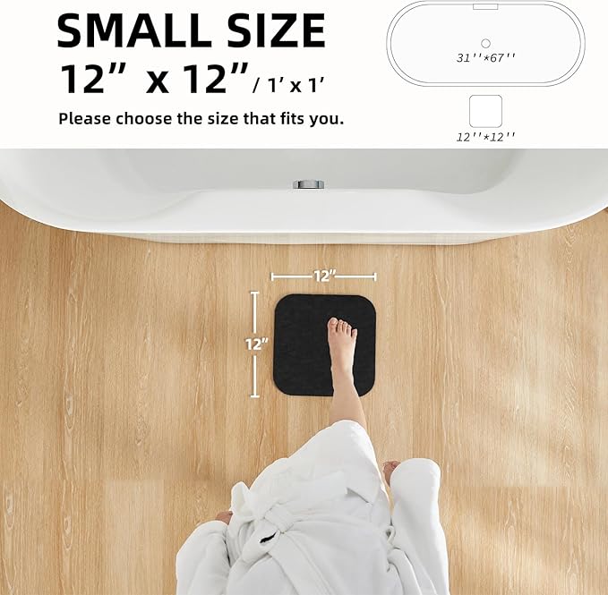 Black Bath Mat, Small Bathroom Rugs Non Slip Washable Thin Absorbent Quick Dry Bath Mat Fits Under Door Bathroom Floor Mat Perfect for Bath, Shower, or Sink 12"x12" Black