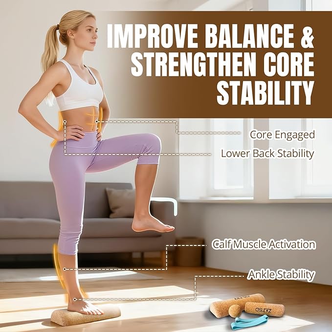 Cork Balance Board 4-in-1 Foot & Ankle Strengthener Kit, Premium Natural Cork Balance Trainer + Massage Roller & Ball, Toe Resistance Bands, Carry Bag & Exercise Guide for Mobility & Physical Therapy