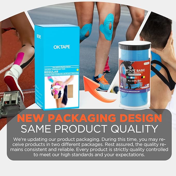 OK TAPE Regular Kinesiology Tape (3 Pack), Original Cotton Athletic Tape for Support Muscle Joint Knee, Sports Waterproof Tape Uncut Strips Latex Free, Hypoallergenic, 2in×16.4ft - Light Blue