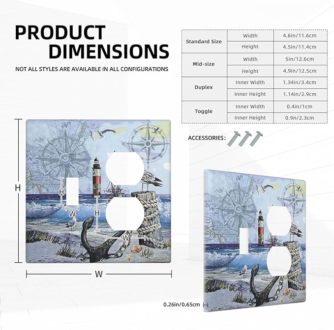 Decorative Light Switch Cover Plate Sea Ocean Sand Coast Compass Ship Lighthouse Anchor 2 Gang Outlet Covers 1 Toggle 1 Duplex Wall Plate Decorate Electrical Switch Plate Covers for Bathroom Bedroom