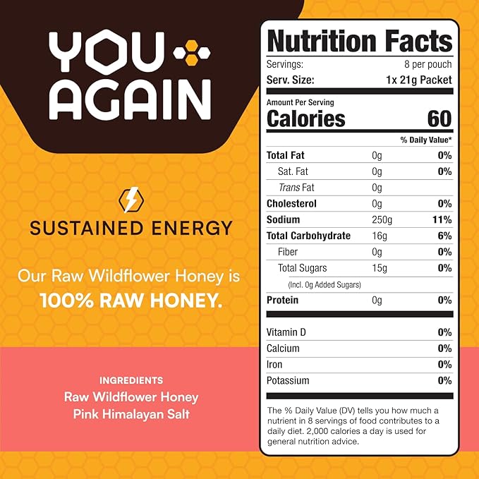 You Again Super Honey Clean Energy Gel, Honey & Himalayan Salt | Electrolyte Replenishment Running Fuel | Endurance Workouts & Cycling Gel | Paleo & Carnivore Snack | Gluten-Free | USA Made | 24-Pack