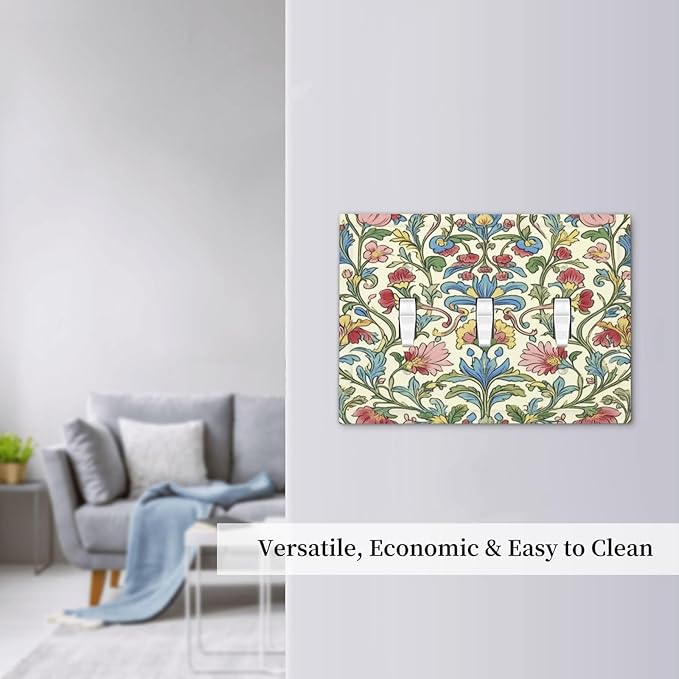 Decorative Switch Plates Boho Red Floral Morris Plant Leaves 3 Gang Wall Plate Triple Toggle Light Switch Cover Faceplate Electrical Wall Panels For Farmhouse Cabin Decor