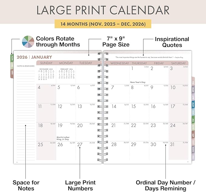 Essential PRO 2026 Daily, Weekly & Monthly Planner, 7"x9": 14 Months (Nov 2025 - Dec 2026) Monthly Tabs,Daily Tracking,Notes Pages,Storage Pocket,Bookmark w Sticky Notes (Teal Floral)