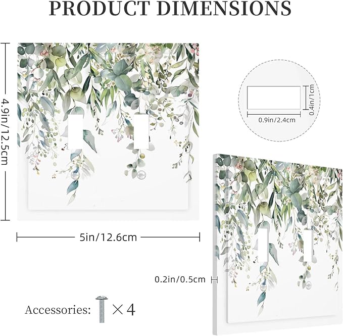 Sage Green Watercolor Eucalyptus Leaves Floral Flowers Decorative Switch Plates 2 Gang Double Toggle Outlet Light Switch Cover Wall Plate Electrical Faceplate for Farmhouse Bed Room Decor