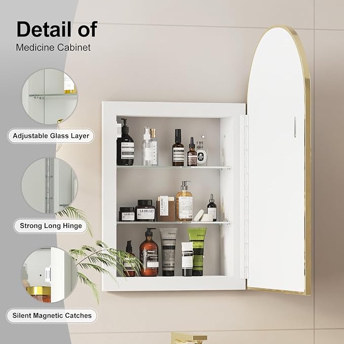 Recessed Medicine Cabinet for Bathroom,Brushed Gold Arched Medicine Cabinet with Mirror,Arch Mirrored Medicine Cabinets Recessed,Bathroom Mirror with Storage,Open from Left to Right 16x26
