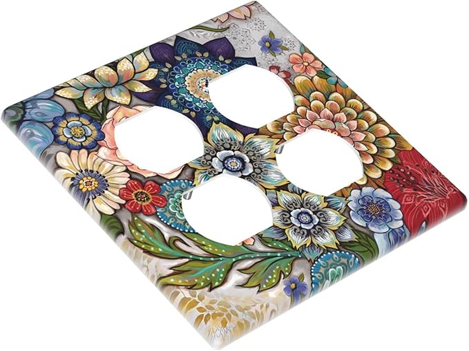 Boho Floral Colorful Floral Multi Color Flower Outlet Covers 2 Gang Double Duplex Decorative Light Switch Covers Electrical Wallplates Socket Faceplate for Bedroom Living Room Home Decor