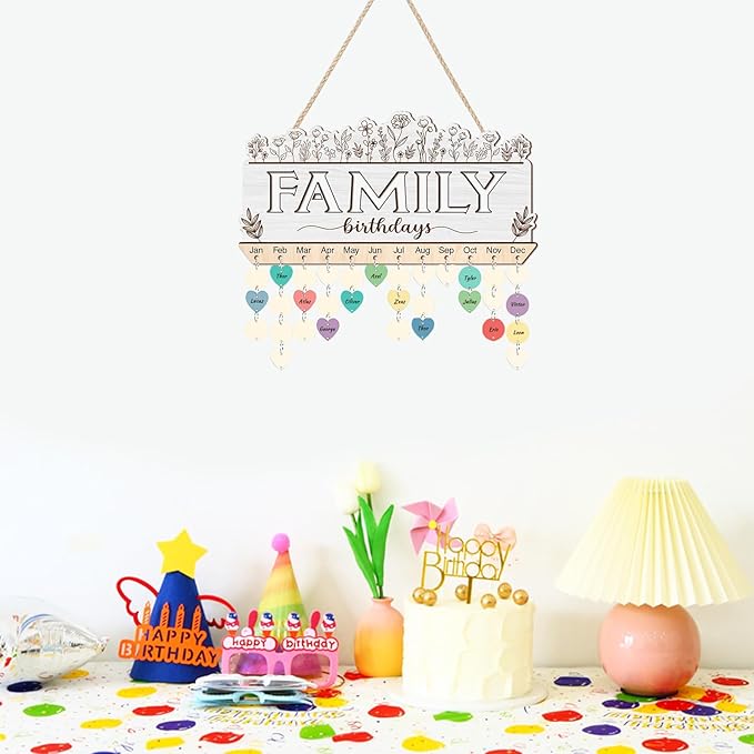 KAlRNE Family Birthday Reminder Board,Decorative Botanical Birthday Tracker Plaque,Anniversary Reminder with 100 Wood Tags,DIY Calendar Plaque Flowers Sign Gift for Family Grandma Mother Day