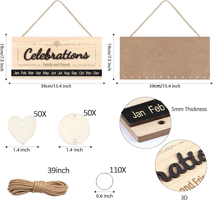 KAlRNE 3D Celebration Wooden Sign,Family Friends Birthday Calendar Wall Hanging Reminder Calendar Board Wall Art,Gift for Mother's Day Gift for Mom Grandma for Parents Birthday Tracker Plaque