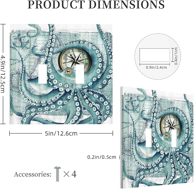 Vintage Nautical Octopus Eyes Funny Ocean Kraken Double Toggle Light Switch Covers Plate Decorative 2-Gang Wall Plate Cover Compass Pirate Map Dual Device Electrical Switchplate for Bathroom