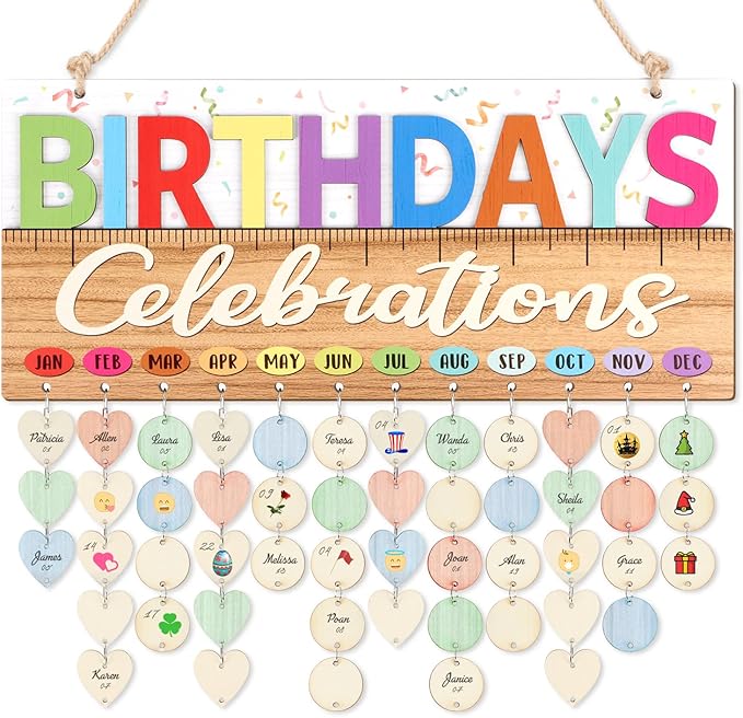 CHDITB Classroom Birthday Chart Wall Hanging(16”x7”), Colorful 3D Birthday Celebrations Calendar for Classroom Students Kids, Wooden DIY Teacher Gifts Reminder Tracker with 100 Tags