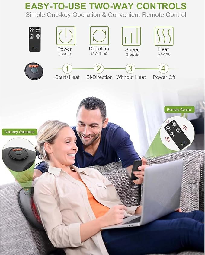 Ugift Back Massager Pillow with Remote Control -Deep Tissue Neck Massager with Heat and Shiatsu Kneading for Shoulder Leg Foot Body Pain Relief -Massage Pillow for Home Car Office Gifts for Women/Men