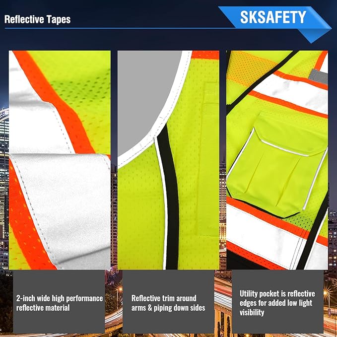 SKSAFETY 10 Pockets Professional level Safety Vest, Class 2 High Visibility Security Vest with Zipper, Hi Vis Vest with Reflective Strips, ANSI/ISEA Standard, Construction Work Vest（Lime Black, 3XL）