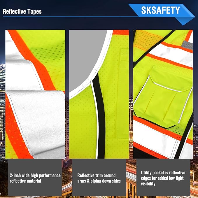SKSAFETY 10 Pockets Professional level Safety Vest, Class 2 High Visibility Security with Zipper, Hi Vis with Reflective Strips, ANSI/ISEA Standard, Construction Work（Lime Black, 2XL）