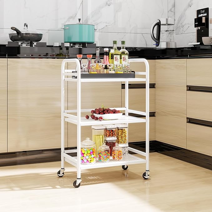 HDANI 3 Tier Rolling Cart,Heavy Duty Multifunctional Metal Frame-Supports 22 Lbs Per Tier,Rolling Cart with 2 Lockable Wheels for Office,Home,Bedroom,Kitchen,Bathroom (White)…
