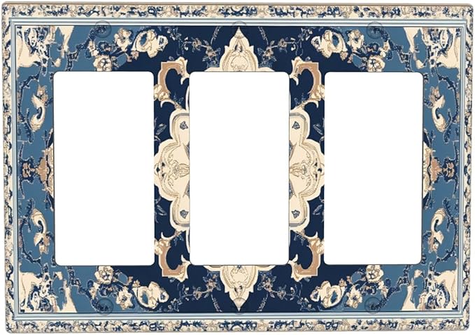 Decorative Outlet Covers Boho Beige Navy Blue Medallion 3 Gang Gfci Wall Plate Triple Rocker Light Switch Cover Plate Switch Plate Covers for Country Bathroom Bedroom Decor