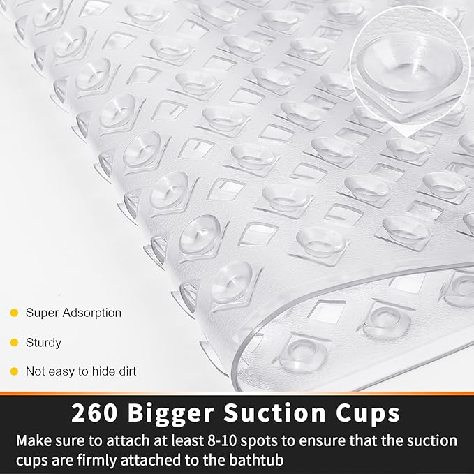 Yimobra Bathtub Mat Non Slip, Super Strong Suction Cups, 27.5"x15.5" Long Shower Mat with Drain Holes, Machine Washable Fast Draining Bath Mats, Bathroom Essentials,Clear