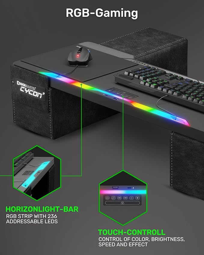 Couchmaster CYCON³ HORIZONLIGHT Bar, Ultimate Ergonomic USB-Hub Gaming Lap Desk for Couch and Bed, Large, Stable and Compatible with All Keyboards and Mouse/Mice, Laptops, PCs, PS4/5, Xbox