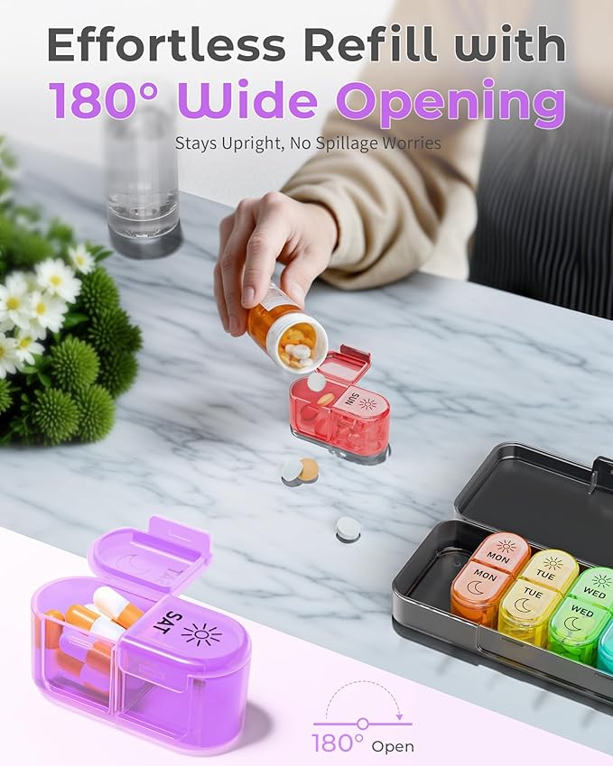 Pill Organizer, 𝐏𝐢𝐥𝐥 𝐁𝐨𝐱 𝟕 𝐃𝐚𝐲, AM & PM Medicine Organizer 7 Days, Weekly Pill Organinzer 2 Times a Day, Pill Case for Travel, Vitamins, Fish Oils, Supplements