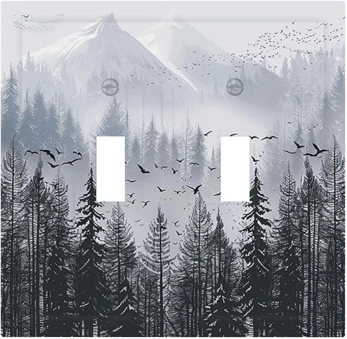 Misty Forest Nature Tree Mountain Birds Decorative Switch Plates 2 Gang Double Toggle Outlet Light Switch Cover Wall Plate Electrical Faceplate for Bed Room Living Room Decor