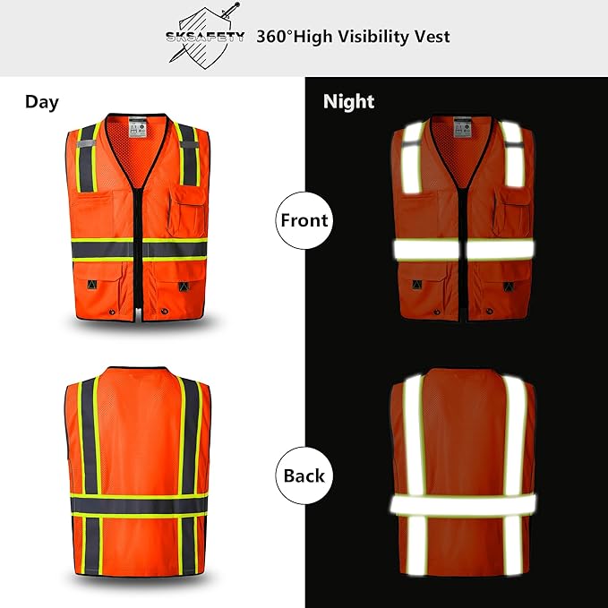 SKSAFETY 10 Pocket Pro Safety Vest - Class 2 Hi Vis Vest with Zipper, Reflective Strips - Orange, XL