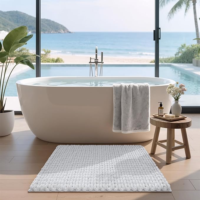 LUMI Luxury Bathroom Rug, Ultra Soft Quick Dry Bath Mat, Non-Slip Absorbent Thick Chenille Bath Rug, Cozy Braid Design Floor Mat for Bathtub, Sink, Laundry, Bedroom, White, 24"x43"