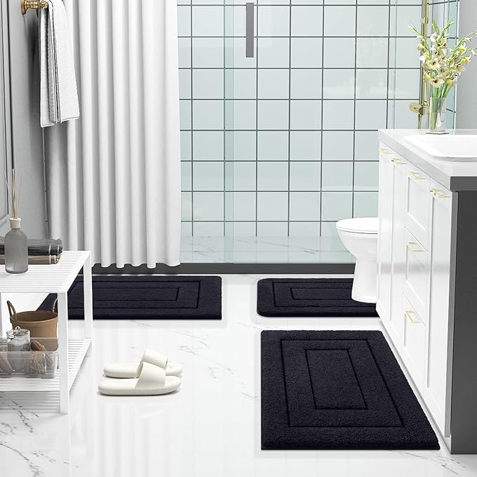 Buganda Bathroom Rugs, 59" x 24", Soft and Absorbent Microfiber Bath Rugs, Non-Slip Shaggy Shower Carpet, Machine Wash Dry Bath Mats for Bathroom Floor, Tub and Shower, Black