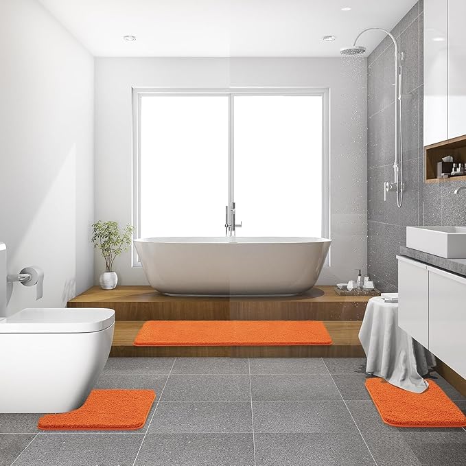 MIULEE Orange Extra Thick Non Slip Bathroom Rug Shaggy Soft Bath Mat Plush Microfiber Absorbent Water for Shower Tub Machine Washable (16x60 Inches)
