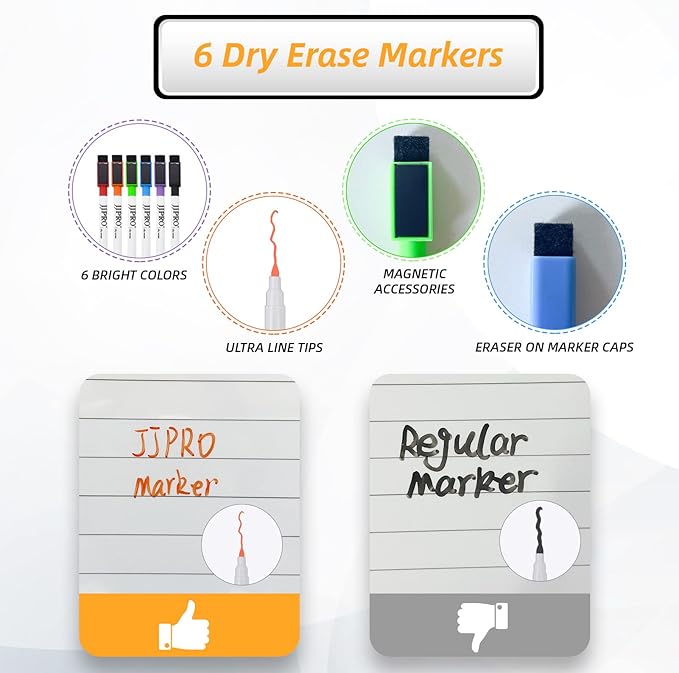 JJPRO Magnetic Weekly Calendar and to Do List for Fridge - 8.5" x 6.5" Weekly Meal Planner for Refrigerator and Dry Erase Daily to-Do List -6 Markers Included!