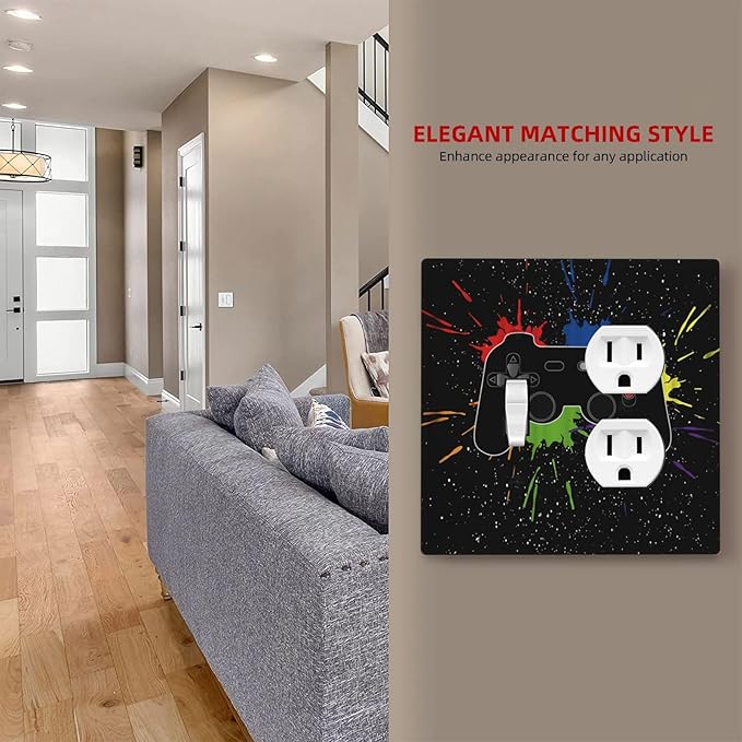 Classic Videogames Controller Black Splash Ink Colorful Wallplates 1 Toggle 1 Duplex Switch Plate Electrical GFCI Faceplate Decorative Light Switch Covers for Kids Room Nursery Decor