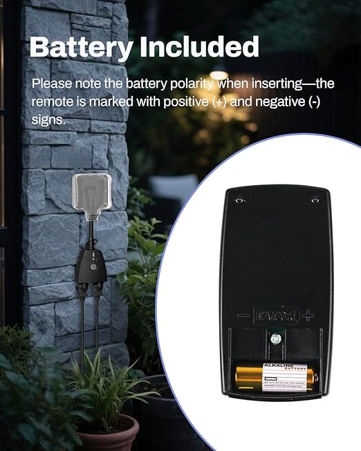 HBN Outdoor Wireless Remote Control Outlet Plug,Weatherproof Heavy Duty Power Strip,Indoor Electrical Plugs for Light Switch,6-inch Cord,100ft Range, 2 Remote Controls(15A,Dual 3-Prong Outlets)