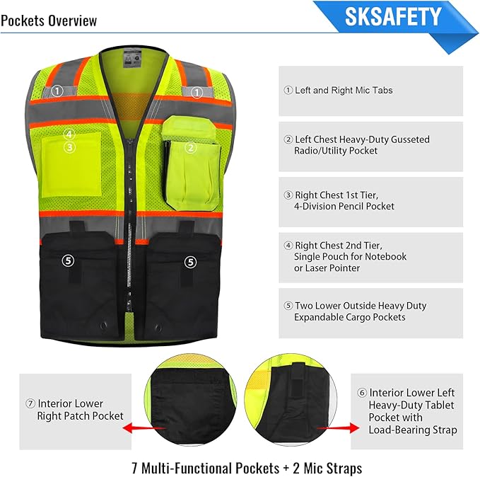SKSAFETY 10 Pocket Hi Vis Safety Vest, Class 2 High Visibility with Zipper, Reflective Strips (Lime Black, 5XL)
