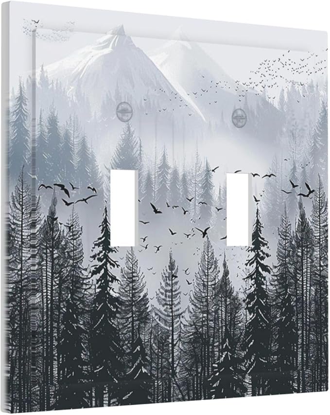 Misty Forest Nature Tree Mountain Birds Decorative Switch Plates 2 Gang Double Toggle Outlet Light Switch Cover Wall Plate Electrical Faceplate for Bed Room Living Room Decor
