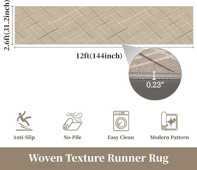 Kitchen Rugs Ultra Non-Slip 2.6x12 Washable Runner Rug Modern Tear and Stain Resistance No Pile Lightweight Runners for Entryway, Hallway, Walkway, Bedside, Entrance, Beige