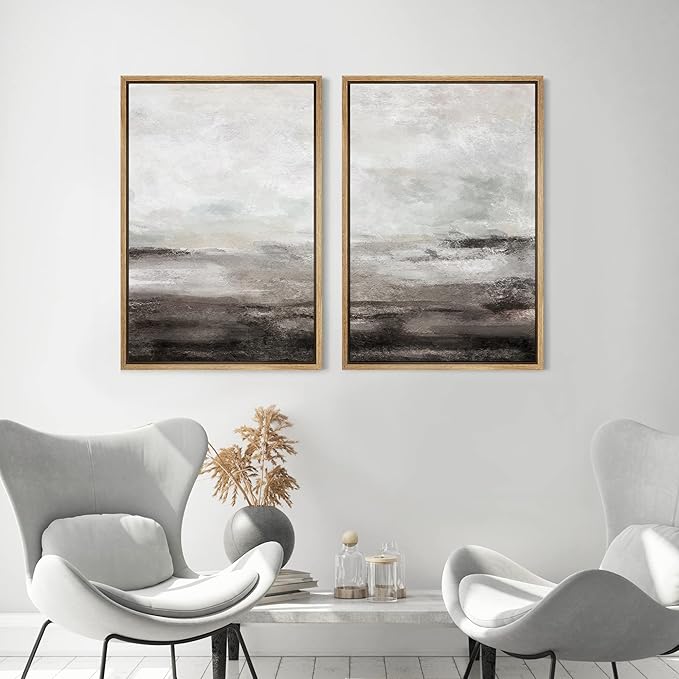 MUDECOR Framed Wall Art Print Set Brown and Gray Grunge Paint Stroke Landscape Abstract Shapes Illustrations Modern Minimalist Chic Relax/Calm for Living Room, Bedroom, Office - 24"x36"x2 Natural