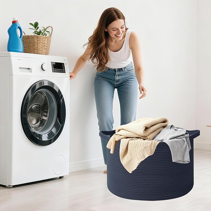Large Storage Basket with Handle,19.7"L x 19.7"W x 13"H Blanket Basket Storage Bins for Organizing,65L Cotton Rope Woven Baskets for Living Room, Nursery,Bedroom,Dark Blue
