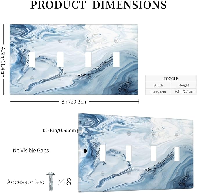 Light Blue Marble Texture Abstract Print Light Switch Covers Quad Toggle Electrical Faceplate 4 Gang Wall Plate Decorative Switch Plates Cover for Bathroom Kitchen Home Decor