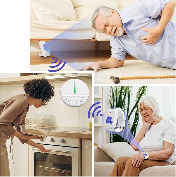 Wireless Bed Alarm and Fall Prevention Caregiver Pager Motion Sensor Alarm Indoor Fall Detection Alert Devices for Elderly/Dementia/Kid Monitoring with 1 Detector&1 Plug-in Receiver&1 Call Button