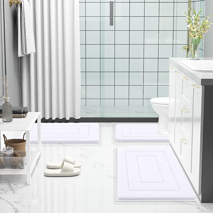 Buganda Bathroom Rugs, 24" x 16", Soft and Absorbent Microfiber Bath Rugs, Non-Slip Shaggy Shower Carpet, Machine Wash Dry Bath Mats for Bathroom Floor, Tub and Shower, White