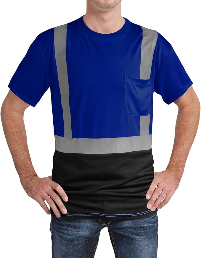 High Visibility Shirts Quick Dry Safety T Shirts with Reflective Strips and Pocket Short Sleeve Mesh Hi Vis Construction Work Class 2 Shirt for Men/Women Black Bottom Blue,Small